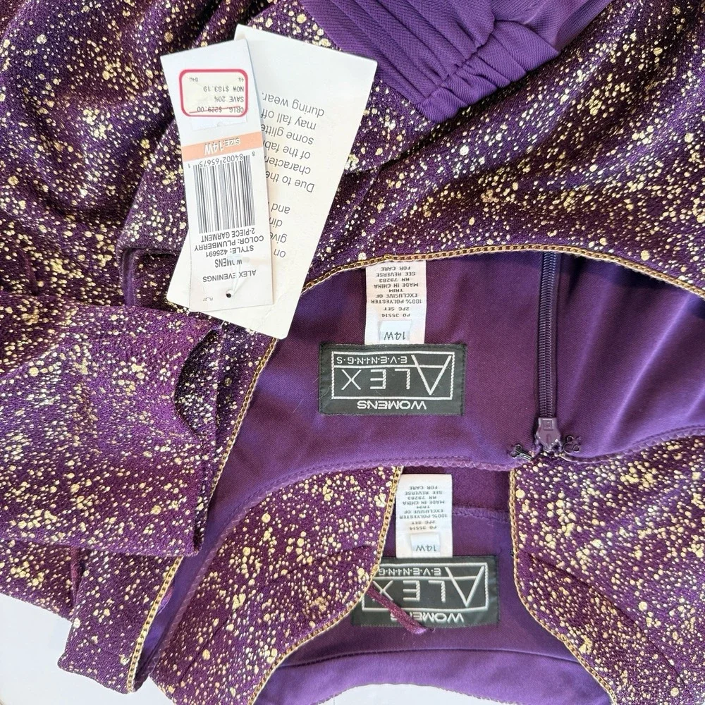 Alex Evenings Purple Gold Glitter 2 Piece Jacket Sleeveless Maxi Dress Set 14W